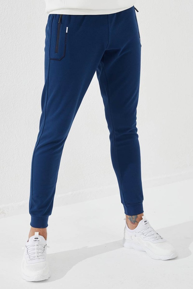 Embroidered Pocket Cuffed Indigo Men's Tracksuit Bottom