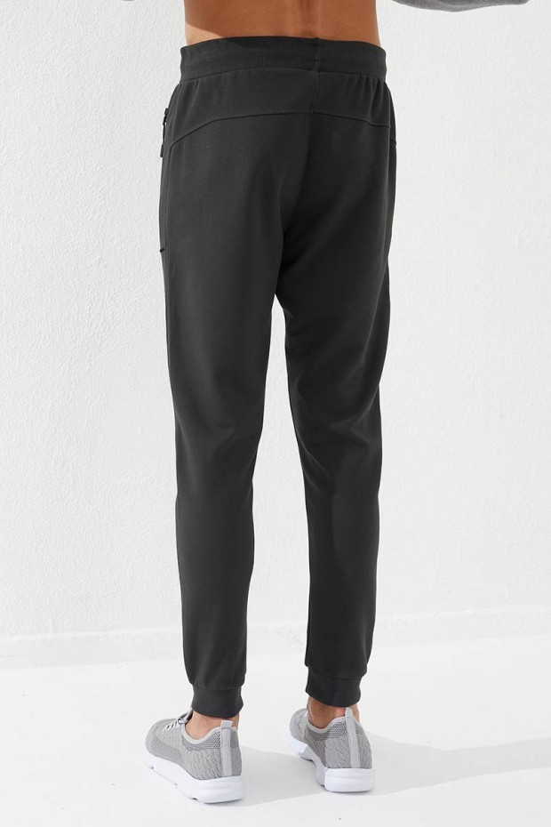 Embroidered Pocket Cuffed Khaki Men's Tracksuit Bottom