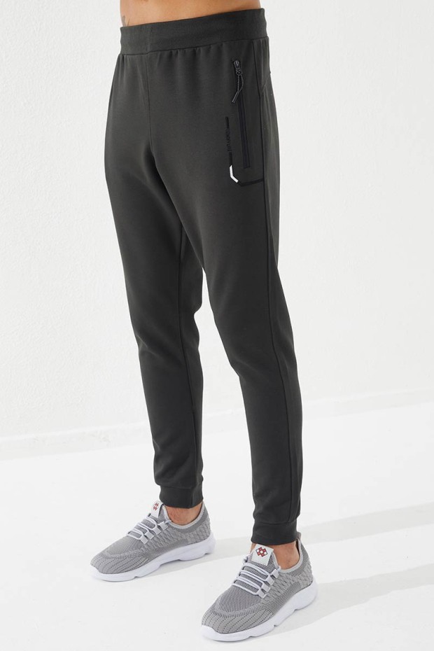Embroidered Pocket Cuffed Khaki Men's Tracksuit Bottom