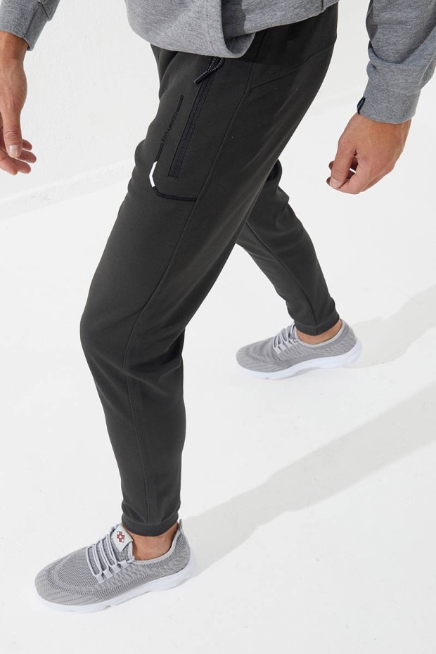 Embroidered Pocket Cuffed Khaki Men's Tracksuit Bottom