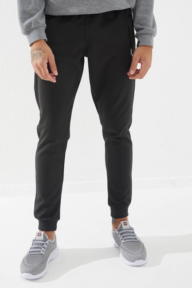 Embroidered Pocket Cuffed Khaki Men's Tracksuit Bottom