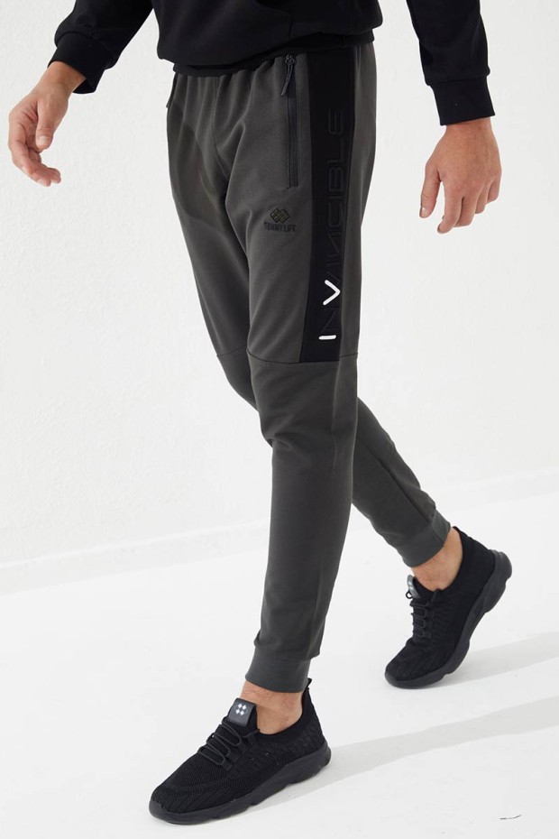 Invincible Side-Printed Khaki Men's Tracksuit Bottom