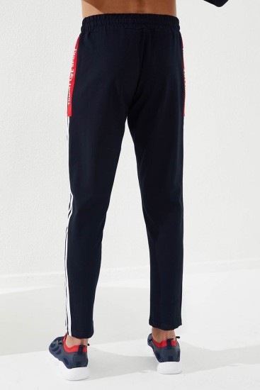 Pano Print Skinny Leg Navy Blue-Red Men's Tracksuit Bottom - Thumbnail