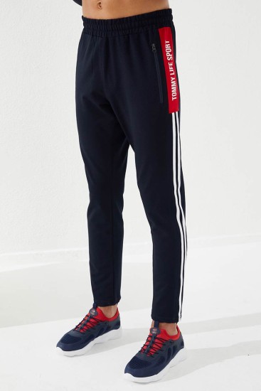 Pano Print Skinny Leg Navy Blue-Red Men's Tracksuit Bottom - Thumbnail