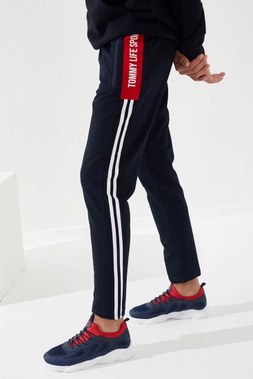 Pano Print Skinny Leg Navy Blue-Red Men's Tracksuit Bottom - Thumbnail