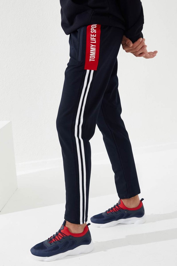 Pano Print Skinny Leg Navy Blue-Red Men's Tracksuit Bottom