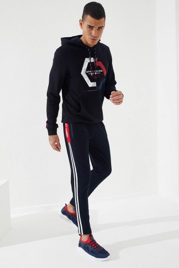 Pano Print Skinny Leg Navy Blue-Red Men's Tracksuit Bottom - Thumbnail