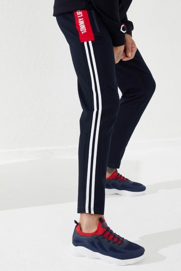 Pano Print Skinny Leg Navy Blue-Red Men's Tracksuit Bottom - Thumbnail