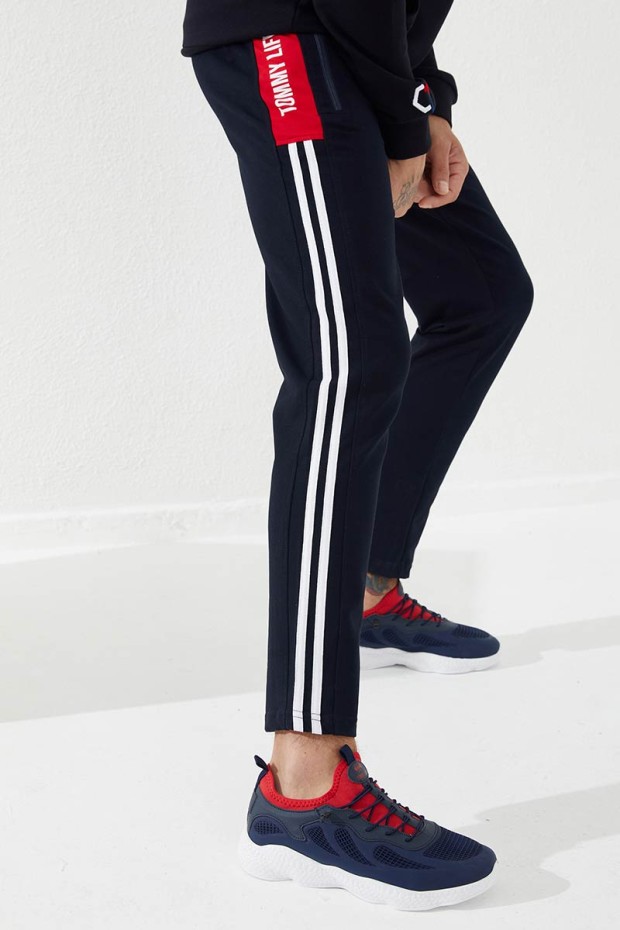 Pano Print Skinny Leg Navy Blue-Red Men's Tracksuit Bottom