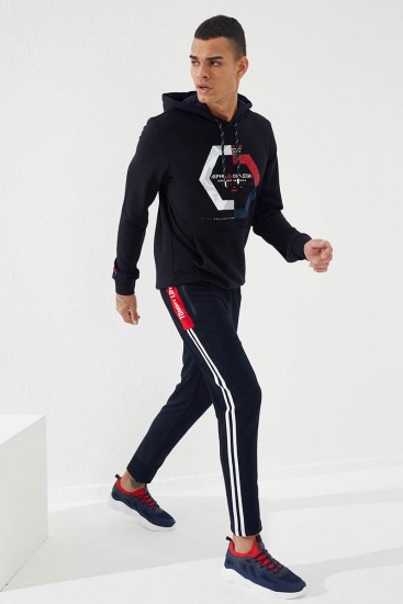 Pano Print Skinny Leg Navy Blue-Red Men's Tracksuit Bottom - Thumbnail