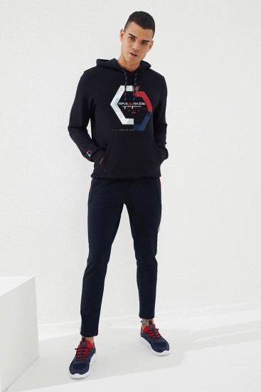 Pano Print Skinny Leg Navy Blue-Red Men's Tracksuit Bottom - Thumbnail