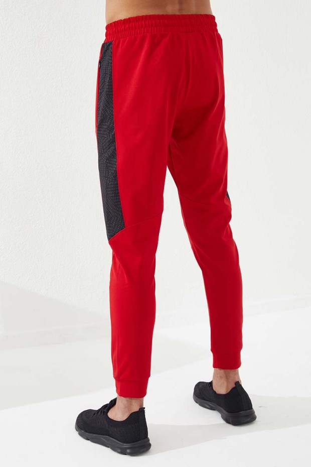 3 Coloured Embroidered Side Patterned Red Men's Tracksuit Bottom