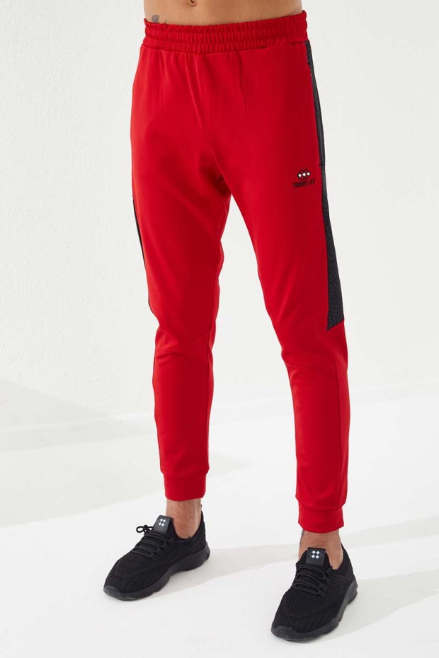 3 Coloured Embroidered Side Patterned Red Men's Tracksuit Bottom