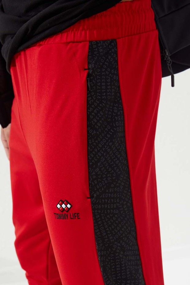3 Coloured Embroidered Side Patterned Red Men's Tracksuit Bottom