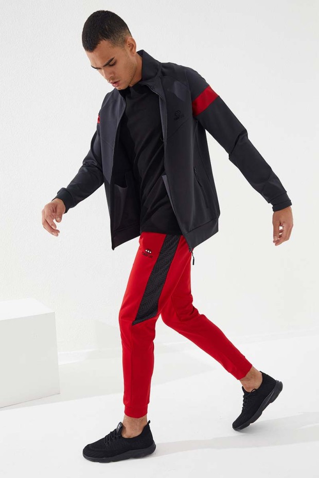 3 Coloured Embroidered Side Patterned Red Men's Tracksuit Bottom