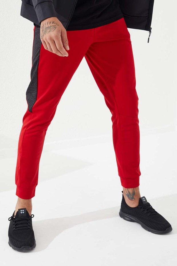 3 Coloured Embroidered Side Patterned Red Men's Tracksuit Bottom