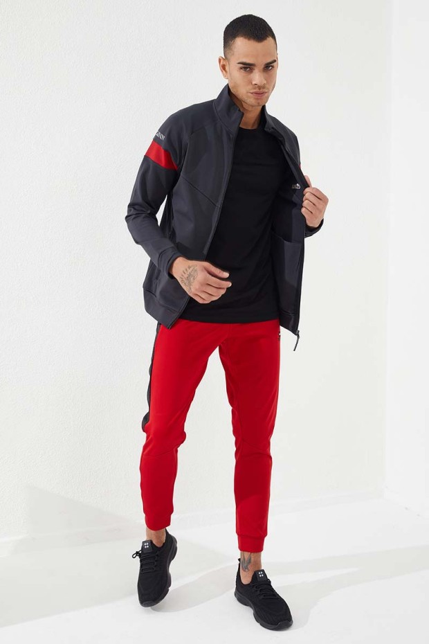 3 Coloured Embroidered Side Patterned Red Men's Tracksuit Bottom