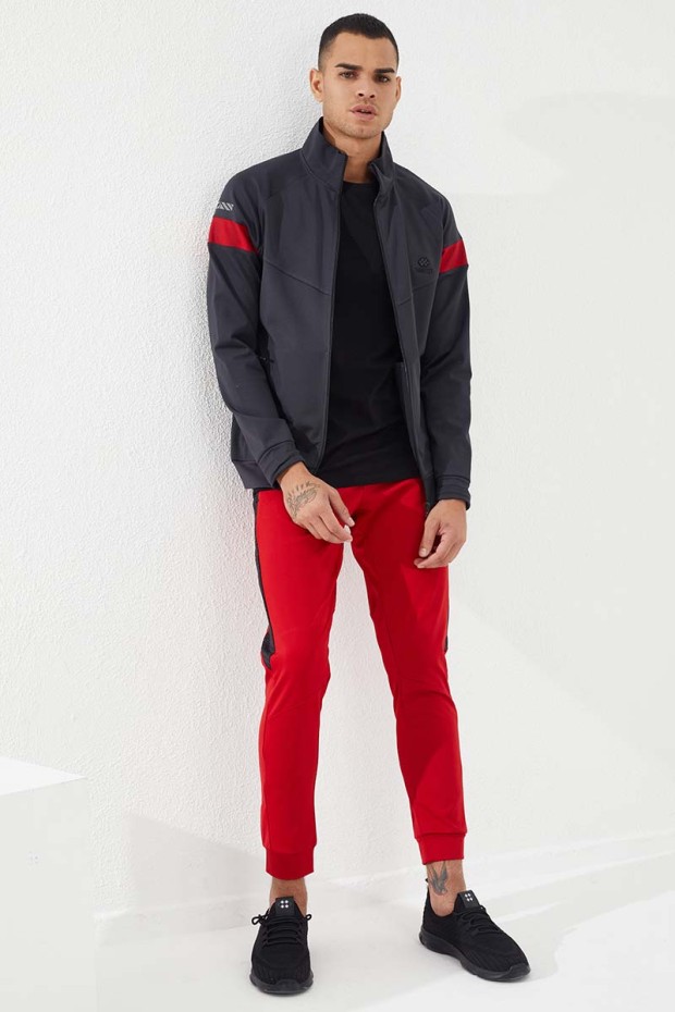 3 Coloured Embroidered Side Patterned Red Men's Tracksuit Bottom