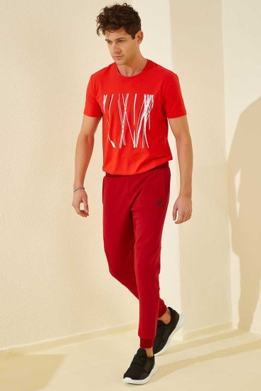 Tommy Life Reverse Zipper Red Men's Tracksuit Bottom - Thumbnail