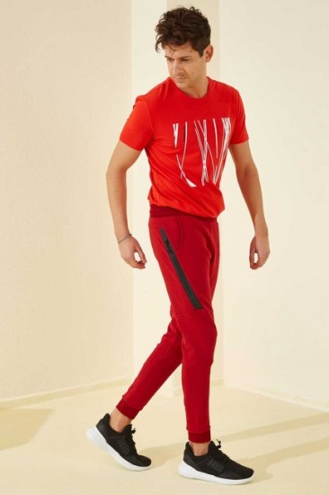 Tommy Life Reverse Zipper Red Men's Tracksuit Bottom - Thumbnail
