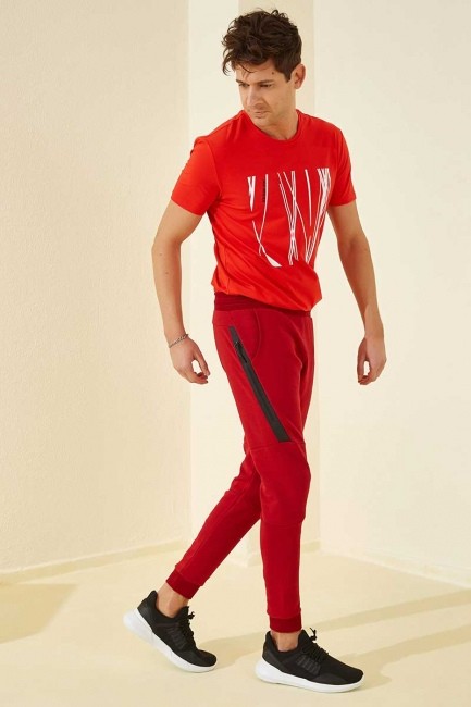 Tommy Life Reverse Zipper Red Men's Tracksuit Bottom