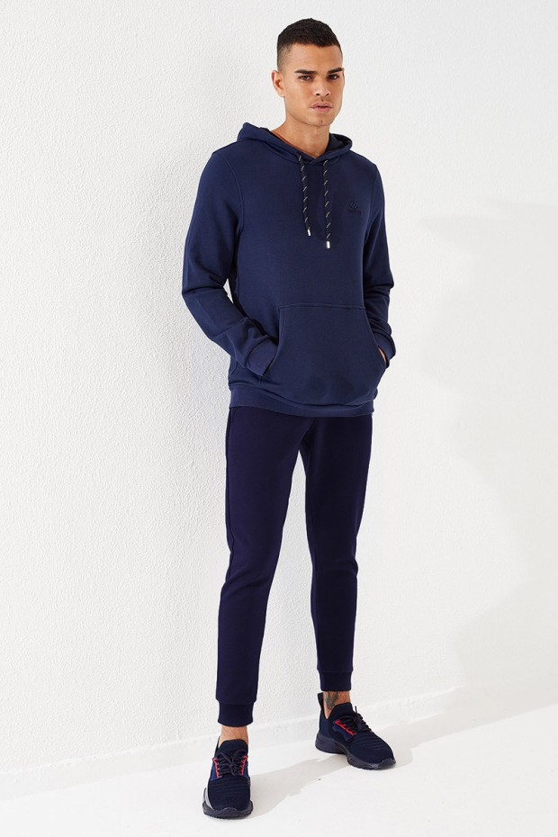 Men's Zippered Pocket Slim Fit Cuffed Navy Blue Tracksuit Bottom - 84708