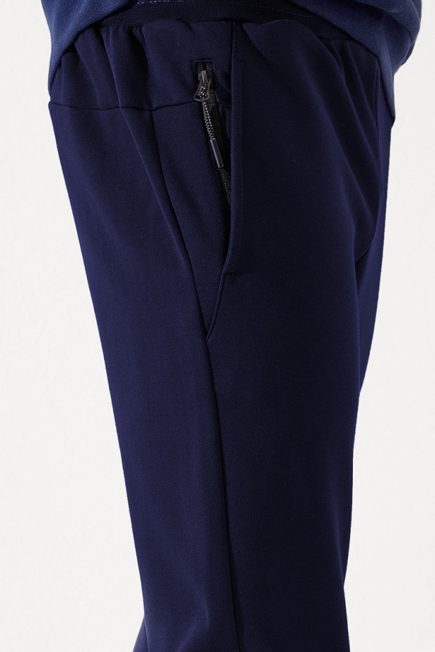 Men's Zippered Pocket Slim Fit Cuffed Navy Blue Tracksuit Bottom - 84708