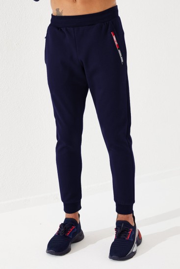 Men's Zippered Pocket Slim Fit Cuffed Navy Blue Tracksuit Bottom - 84708 - Thumbnail