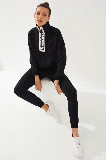 Women's Half Zippered Jogger Black Tracksuit - 95263 - Thumbnail