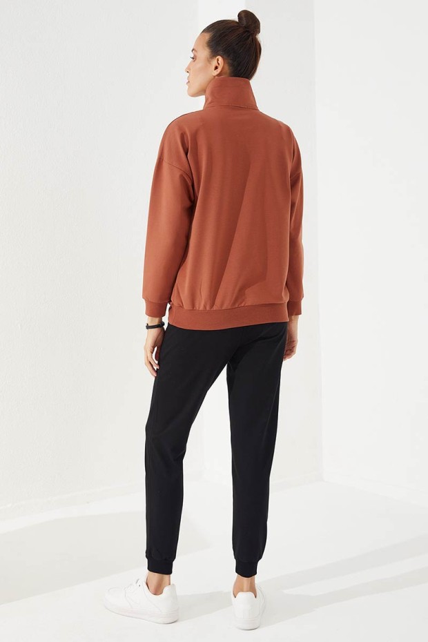Women's Half Zippered Jogger Cinnamon-Black Tracksuit - 95263