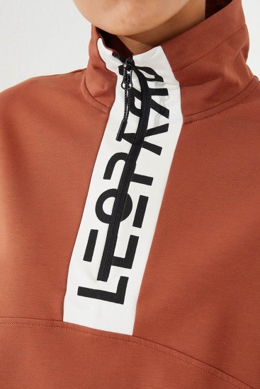 Women's Half Zippered Jogger Cinnamon-Black Tracksuit - 95263 - Thumbnail