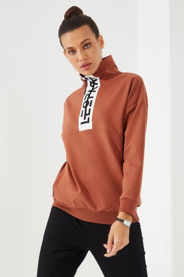 Women's Half Zippered Jogger Cinnamon-Black Tracksuit - 95263 - Thumbnail