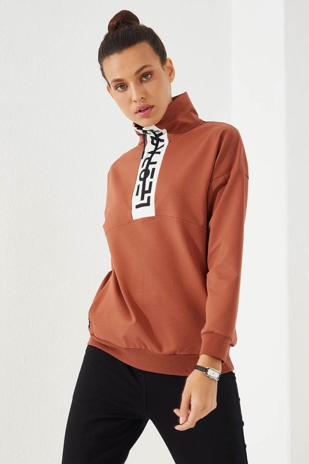 Women's Half Zippered Jogger Cinnamon-Black Tracksuit - 95263