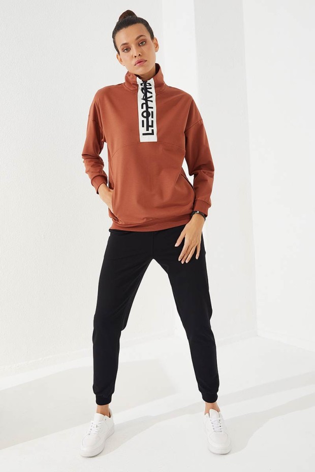 Women's Half Zippered Jogger Cinnamon-Black Tracksuit - 95263
