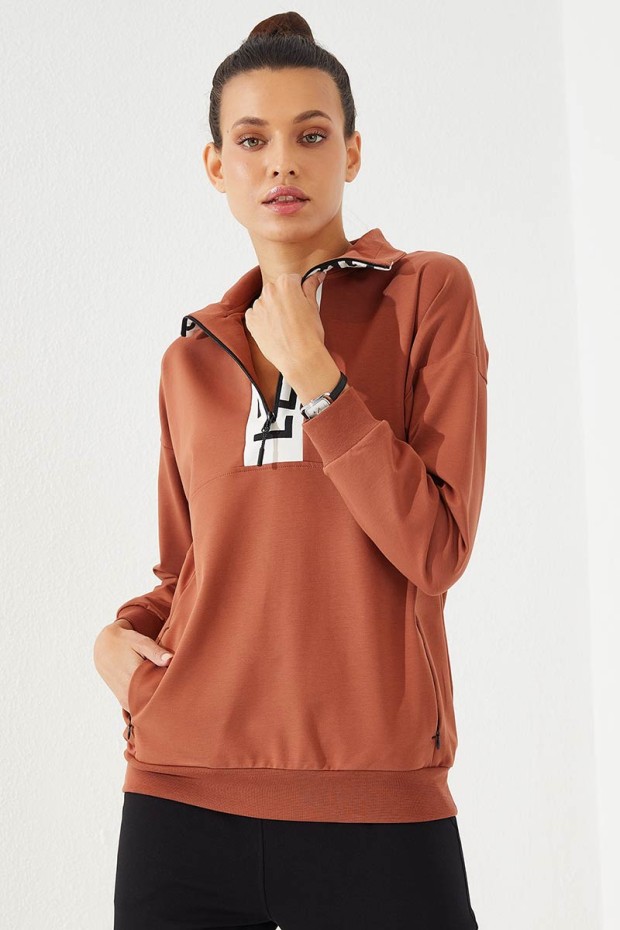 Women's Half Zippered Jogger Cinnamon-Black Tracksuit - 95263