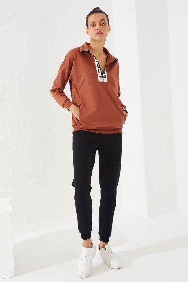 Women's Half Zippered Jogger Cinnamon-Black Tracksuit - 95263 - Thumbnail