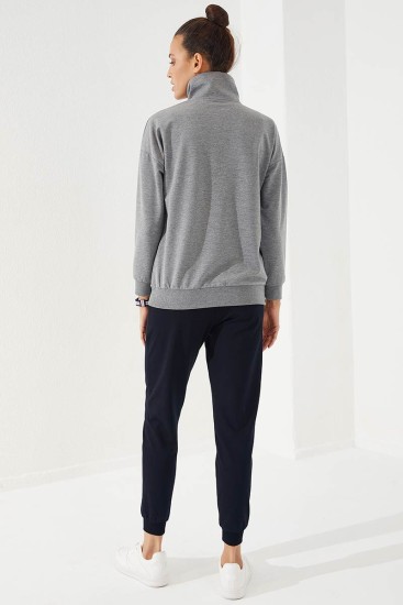 Women's Half Zippered Jogger Grey Melange-Navy Blue Tracksuit - 95263 - Thumbnail