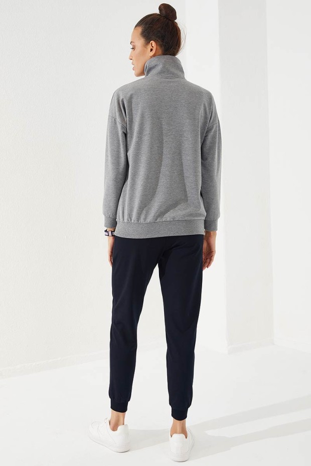 Women's Half Zippered Jogger Grey Melange-Navy Blue Tracksuit - 95263