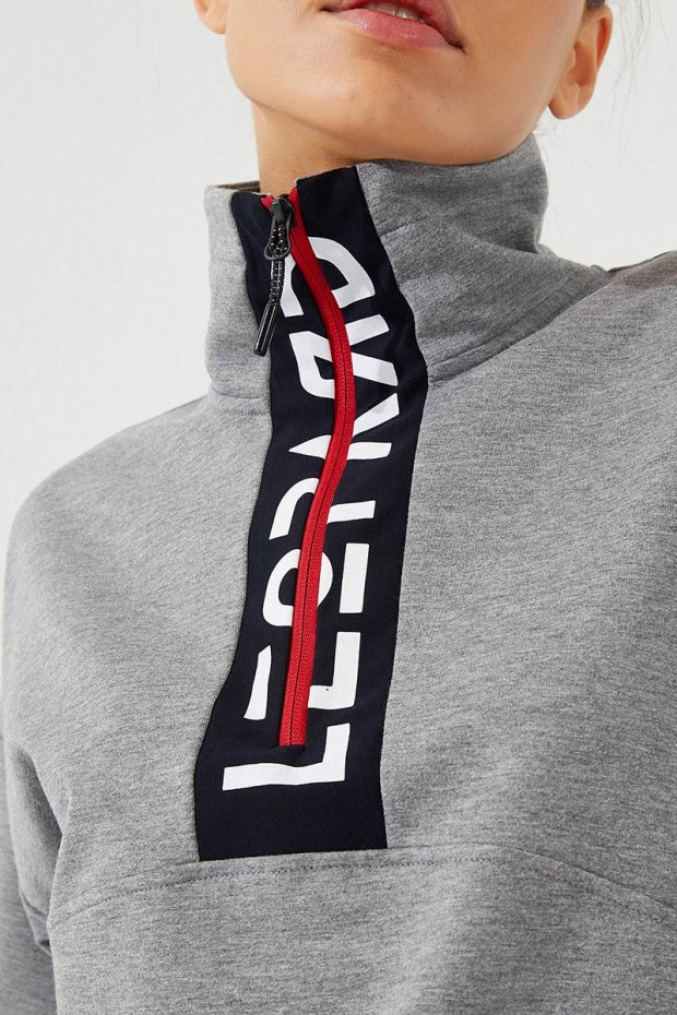 Women's Half Zippered Jogger Grey Melange-Navy Blue Tracksuit - 95263