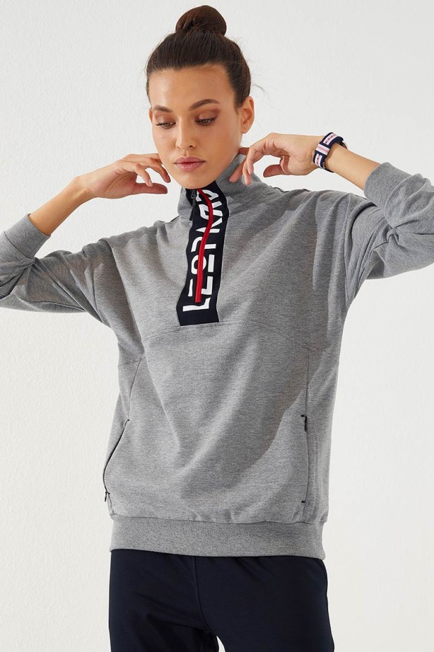 Women's Half Zippered Jogger Grey Melange-Navy Blue Tracksuit - 95263