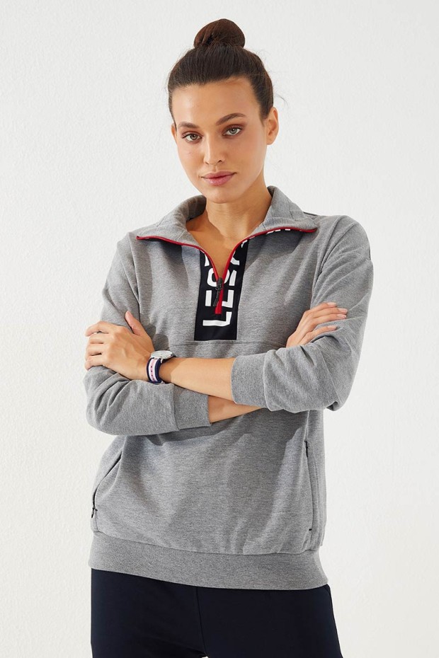 Women's Half Zippered Jogger Grey Melange-Navy Blue Tracksuit - 95263