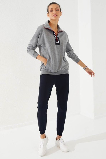 Women's Half Zippered Jogger Grey Melange-Navy Blue Tracksuit - 95263 - Thumbnail
