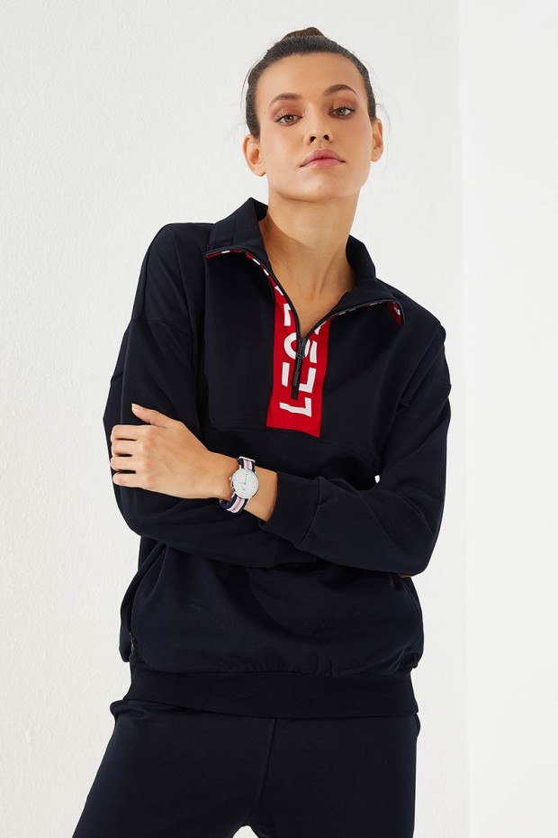 Women's Half Zippered Jogger Navy Blue Tracksuit - 95263