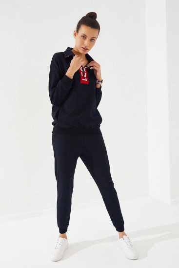 Women's Half Zippered Jogger Navy Blue Tracksuit - 95263 - Thumbnail