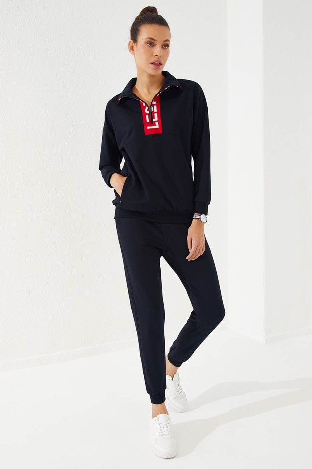 Women's Half Zippered Jogger Navy Blue Tracksuit - 95263