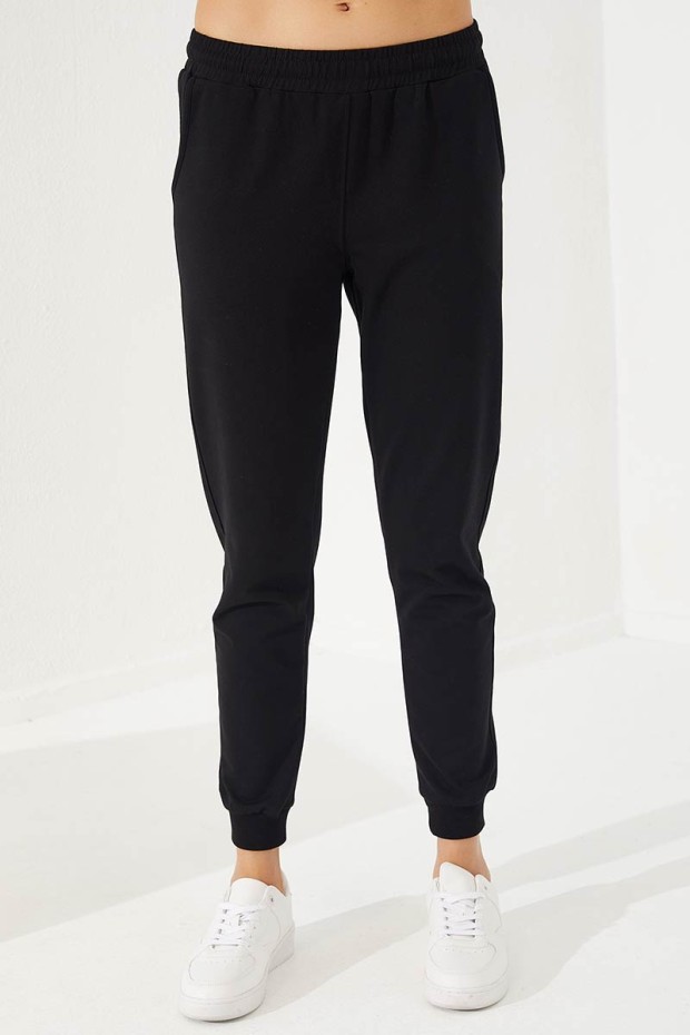 Women's Half Zippered V Patterned Jogger Black Tracksuit - 95269