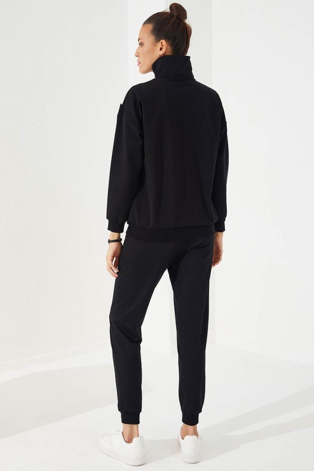 Women's Half Zippered V Patterned Jogger Black Tracksuit - 95269