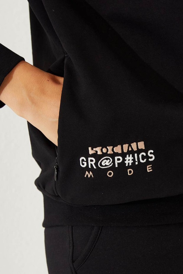 Women's Half Zippered V Patterned Jogger Black Tracksuit - 95269