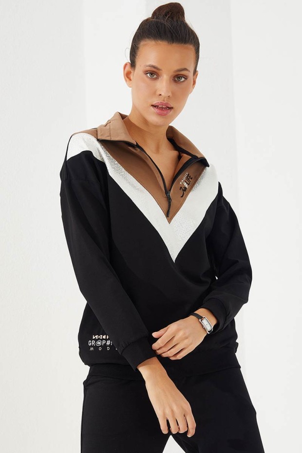Women's Half Zippered V Patterned Jogger Black Tracksuit - 95269