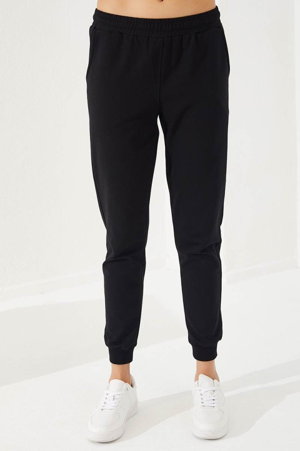 Women's Half Zippered V Patterned Jogger Earthlike-Black Tracksuit - 95269
